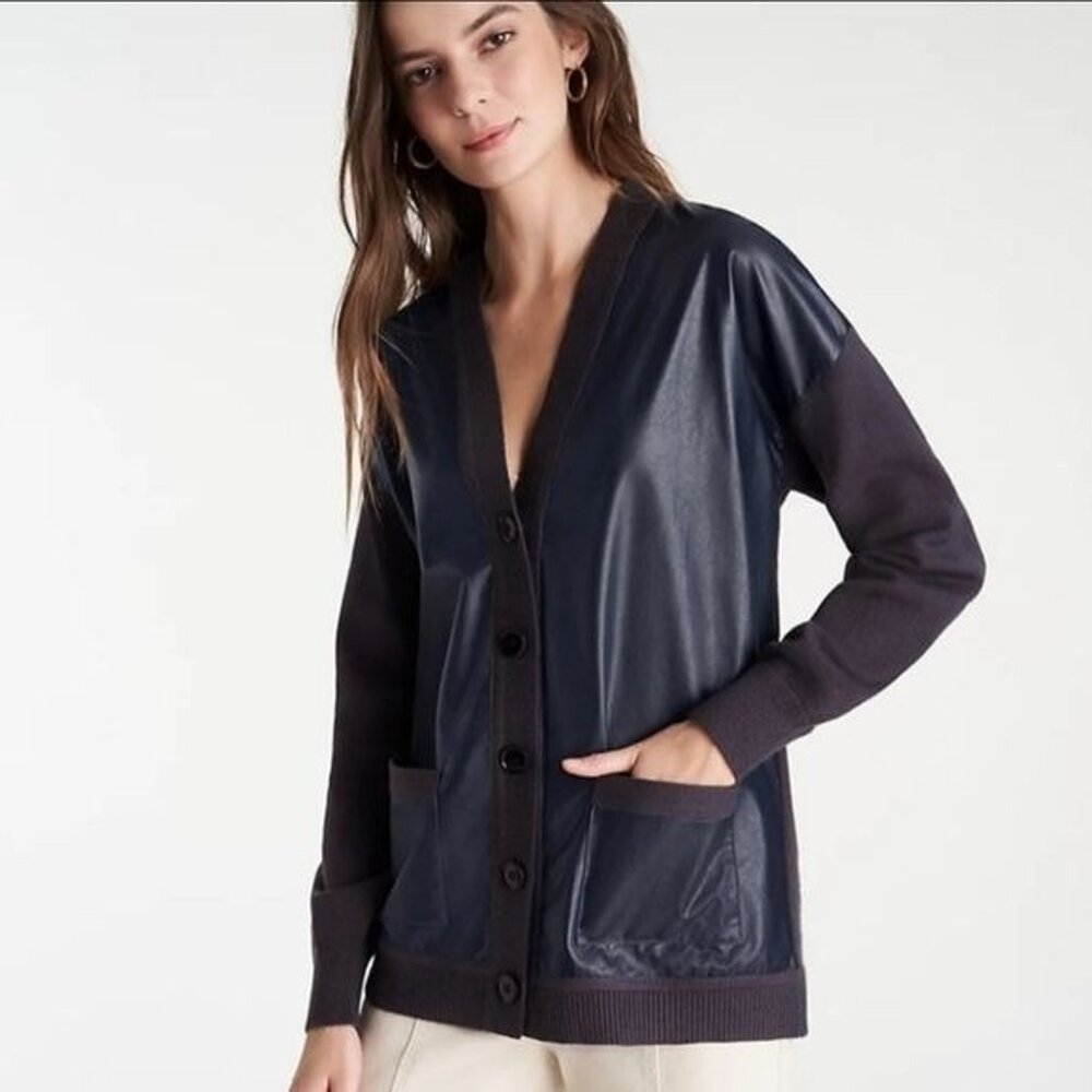 Ann Taylor Womens Plus Navy Faux Leather Knit Cardigan V Neck Sweater size XXL - Picture 2 of 12